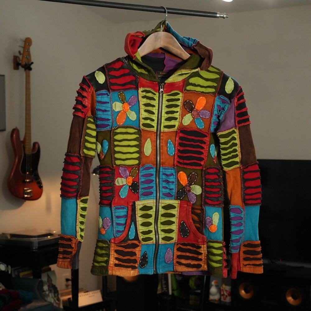 Rising International Zip Up Hoodie Boho Hippie Bright Patchwork Size Small